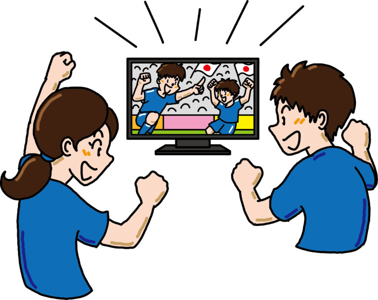テレビでサッカー観戦しているイラスト画像