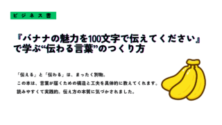 黄色いバナナのイラストとともに、『バナナの魅力を100文字で伝えてください』という書籍を紹介するビジネス書のサムネイル画像。伝わる言葉の作り方に関する内容が記されている。