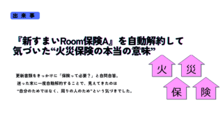 『新すまいRoom保険A』を自動解約した体験と火災保険の本当の意味に気づいたエピソードを紹介するサムネイル画像。